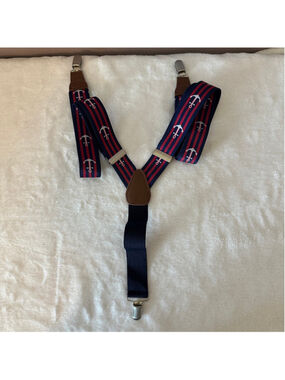Boys Navy Red Anchor Suspenders Y-Back Adjustable One Size Preppy Faux Leather